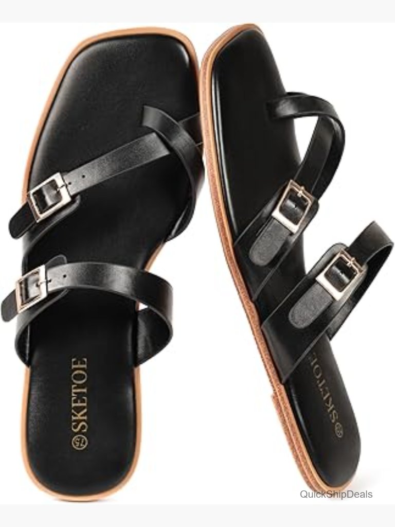 Square Open Toe Strappy Sandals Adjustable Cross Toe Loop Summer Slides
